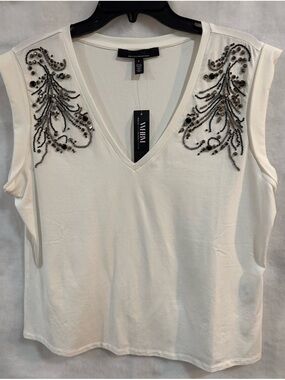 White House Black Market White Embellished V-Neck Sleeveless Top